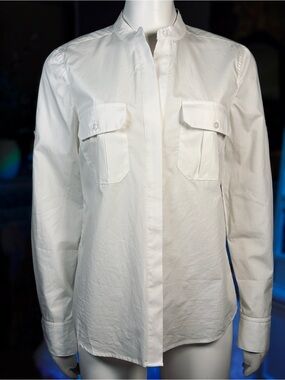 BCBG Max Azria White 100% Cotton “Liam” Long Sleeve Button Down Blouse, Sz XS